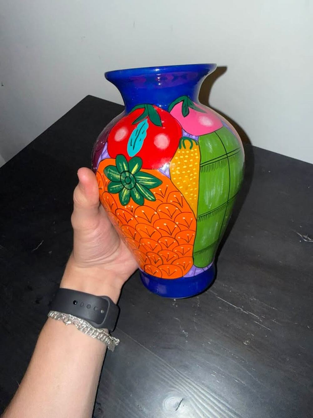 Hand Painted Mexican Pottery Vase Folk Art Fruit Design Multi - Tropical Color